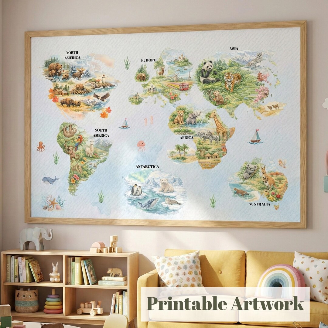 Watercolor Animal World Map for Kids | Educational Playroom Wall Art ...