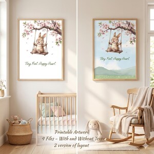 Puede incluir: Dos impresiones enmarcadas con una ilustración en acuarela de un conejito sonriente en un columpio bajo un cerezo en flor. El texto "Tiny Feet Happy Heart" está debajo del conejito. Las impresiones se muestran en un cuarto de niños.