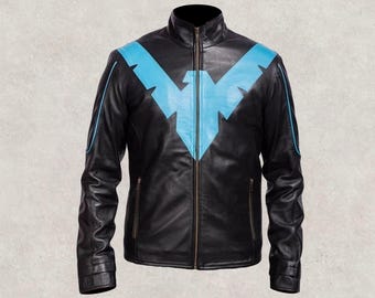 Nightwing Arkham Knight Leather Jacket | Nightwing Black & Blue Jacket | Young Justice Nightwing Cosplay Biker Jacket for Men