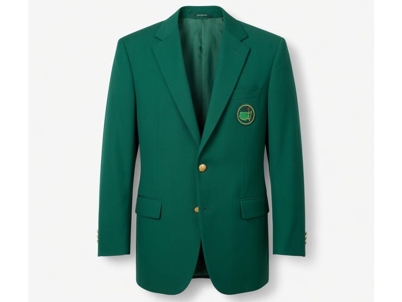 May include: A dark green blazer with a two-button closure and a notched lapel. The blazer features a patch on the chest with a green and gold emblem. The jacket has two front pockets and gold buttons. The blazer is a classic style.