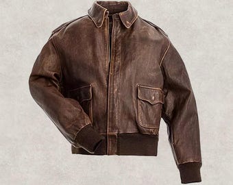 A2 Aviator Distressed Brown Real Cowhide Leather Bomber Jacket Men | Air Force Pilot Flight Jacket