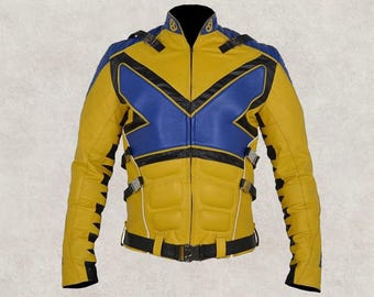 X-Men Wolverine Yellow Leather Jacket – Wolverine Leather Jacket, Superhero Biker Cosplay Costume, Yellow Blue Moto Jacket