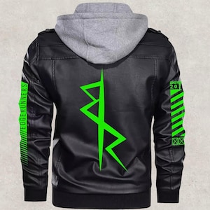 May include: Black faux leather jacket with a gray hooded sweatshirt insert. The jacket features neon green graphics on the back and sleeves, including the text "EDGERUNNERS" and the number "20".