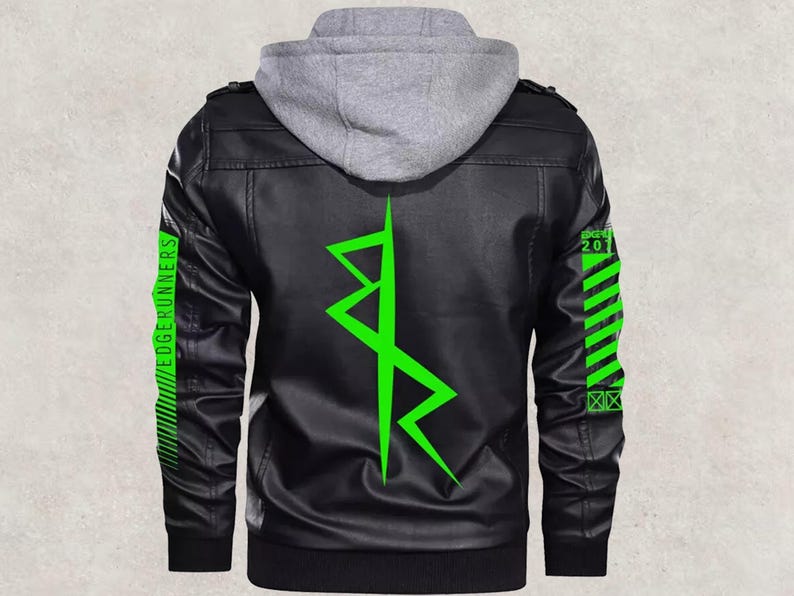 May include: Black faux leather jacket with a gray hooded sweatshirt insert. The jacket features neon green graphics on the back and sleeves, including the text "EDGERUNNERS" and the number "20".