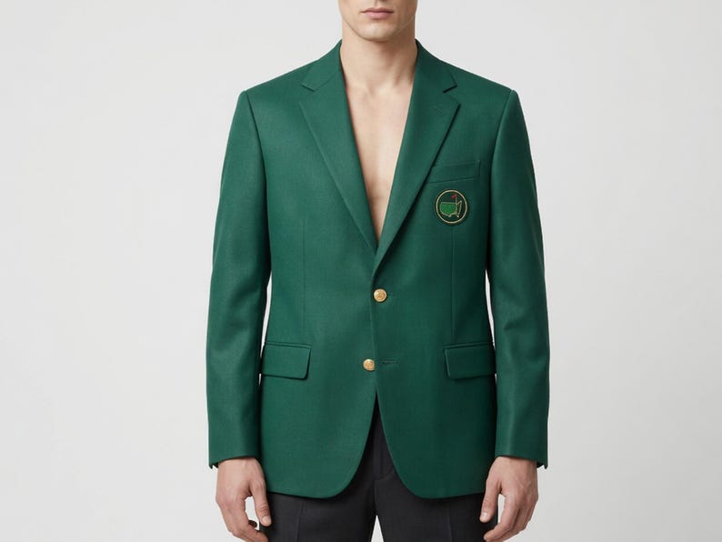May include: A dark green blazer with gold buttons and a small emblem on the chest. The blazer has a classic design with two front pockets and a notched lapel. The jacket is a solid color and appears to be made of a smooth fabric.