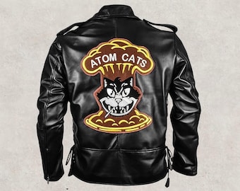 Men’s Fallout 4 Atom Cats Leather Jacket – Black Biker Gaming Cosplay, Embroidered Back Patch Moto Coat