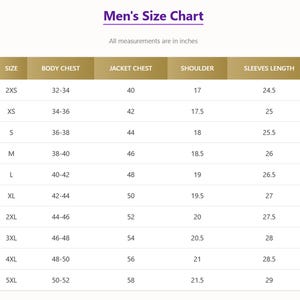 May include: A size chart for men's clothing, with measurements in inches. The chart includes sizes from 2XS to 5XL, detailing body chest, jacket chest, shoulder, and sleeve lengths. The text "Men's Size Chart" is at the top.