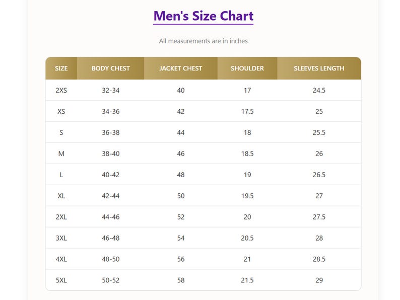 May include: A size chart for men's clothing, with measurements in inches. The chart includes sizes from 2XS to 5XL, detailing body chest, jacket chest, shoulder, and sleeve lengths. The text "Men's Size Chart" is at the top.