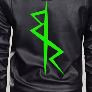 May include: Black leather jacket with neon green graphics. The jacket features the text "EDGERUNNERS" on the left sleeve and a geometric design on the back. The right sleeve has "EDGERUNNERS 2077" and a geometric design.
