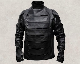 Winter Soldier Bucky Barnes Leather Jacket for Men – Captain America Cosplay Motorcycle Coat, Black Jacket w/ Detachable Sleeves