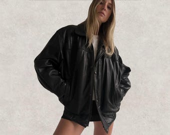 Oversized Black Leather Bomber Jacket Women | 90s Vintage Slouchy Leather Jacket | Retro streetwear button up coat