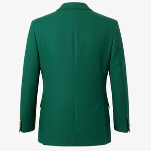 May include: A solid emerald green blazer with a classic two-button closure. The back view showcases the tailored fit and design, including the sleeves and the vent at the bottom. The blazer has gold-colored buttons.