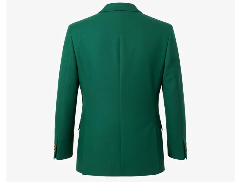 May include: A solid emerald green blazer with a classic two-button closure. The back view showcases the tailored fit and design, including the sleeves and the vent at the bottom. The blazer has gold-colored buttons.