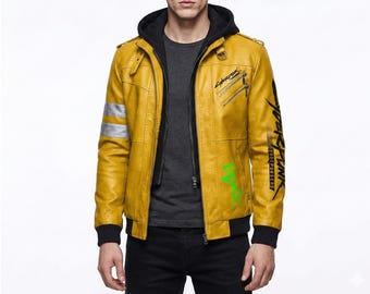 Cyberpunk 2077 Edgerunners David Martinez Men’s Yellow Leather Hooded Biker Jacket – Gaming Cosplay Costume