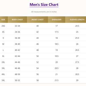 May include: A men's size chart with measurements in inches. The chart includes sizes from 2XS to 5XL, listing body chest, jacket chest, shoulder, and sleeve length measurements. The text "Men's Size Chart" is at the top.