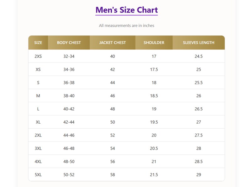 May include: A men's size chart with measurements in inches. The chart includes sizes from 2XS to 5XL, listing body chest, jacket chest, shoulder, and sleeve length measurements. The text "Men's Size Chart" is at the top.