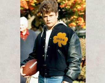 Notre Dame Rudy Irish Black Varsity Bomber Jacket | Rudy Movie Jacket | Irish Shamrock Letterman Jacket