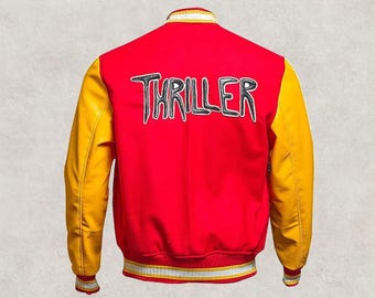 Michael Jackson Thriller Varsity Jacket for Men – Red Wool Letterman Bomber with Yellow Leather Sleeves, MJ Costume
