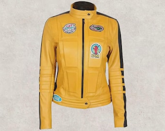 Kill Real Bill Yellow Jacket Genuine Leather Uma Classic Thurman Racer Jacket | Kill Bill Cosplay Beatrix Kiddo Yellow Leather Jacket