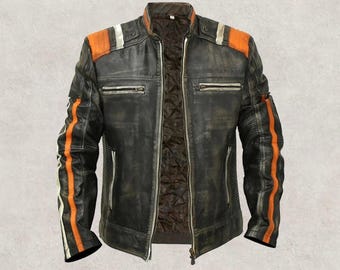 Retro 3 Cafe Racer Jacket – Vintage Distressed Leather Motorcycle Biker Jacket Men Classic Moto Style