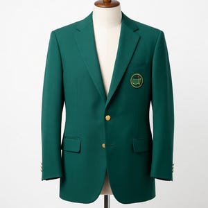 May include: A dark green blazer with gold buttons and a patch on the chest. The blazer is displayed on a mannequin. The patch features a green and gold design. The blazer has two front pockets and a notched lapel.