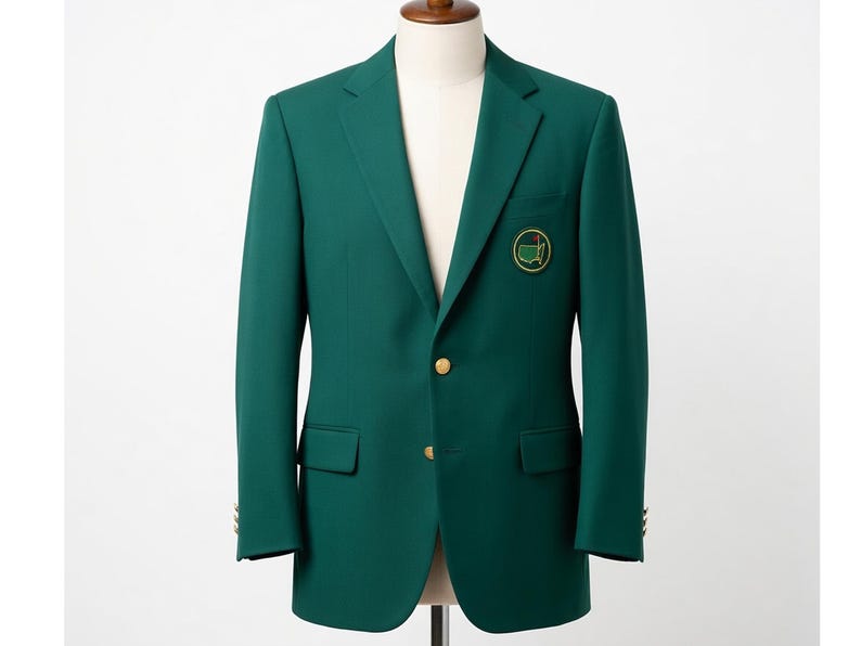 May include: A dark green blazer with gold buttons and a patch on the chest. The blazer is displayed on a mannequin. The patch features a green and gold design. The blazer has two front pockets and a notched lapel.