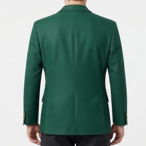 May include: A dark green blazer with a two-button closure and gold-colored buttons on the sleeves. The blazer has a classic notched lapel and a tailored fit. The back of the blazer is visible, showing a clean, simple design.