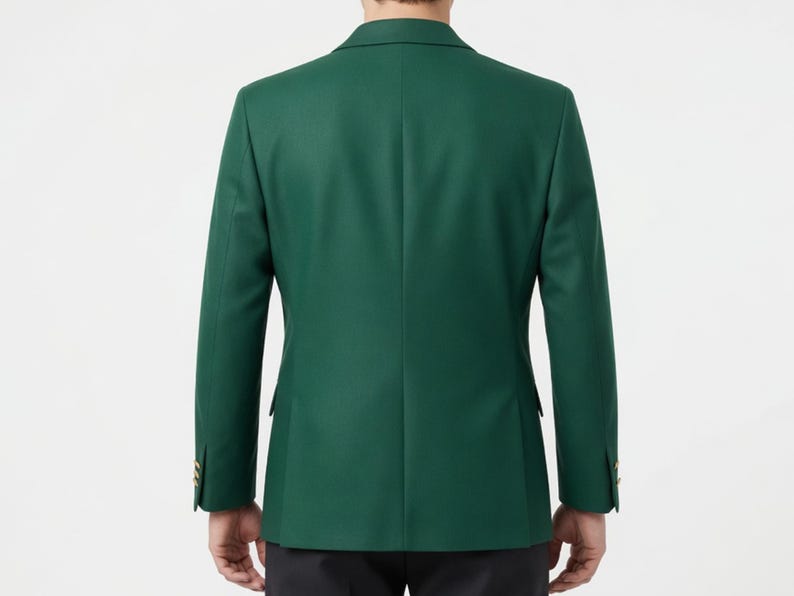 May include: A dark green blazer with a two-button closure and gold-colored buttons on the sleeves. The blazer has a classic notched lapel and a tailored fit. The back of the blazer is visible, showing a clean, simple design.