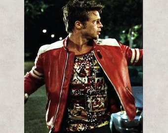 Men’s Brad Pitt Fight Club Jacket – Tyler Durden Red Leather Biker Coat, Movie Cosplay Outfit, Handmade Motorcycle Halloween