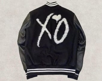 XO Varsity Jacket Black Wool & Leather Sleeves | XO Chenille Letterman Bomber Unisex