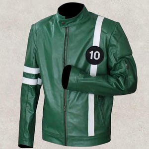 May include: Green leather jacket with white stripes on the sleeves and chest. Features a black circle with the number 10 on the chest. The jacket has a black collar and a zipper closure.