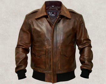 Men's Distressed Brown A-2 Aviator Leather Jacket | WWII Flight Bomber Jacket | Vintage Air Force Pilot Coat