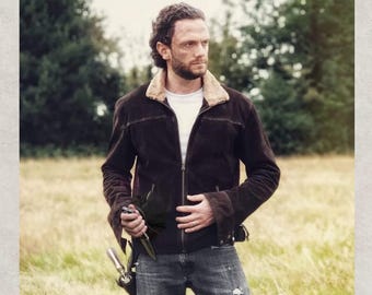 Rick Grimes Jacket | The Walking Dead Brown Shearling Collar Jacket | Andrew Lincoln Style Biker Coat