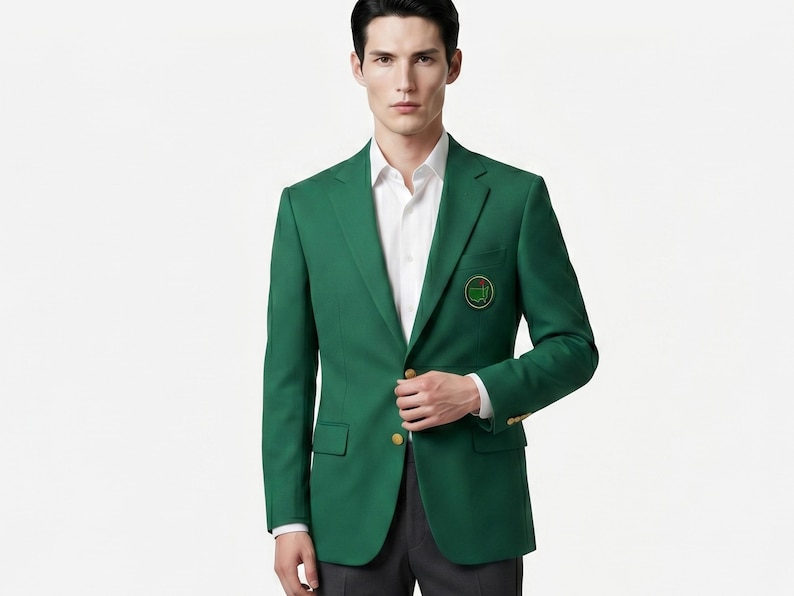 May include: A dark green blazer with a gold emblem on the chest pocket. The blazer has gold buttons and is worn over a white dress shirt. The person is wearing dark gray pants.