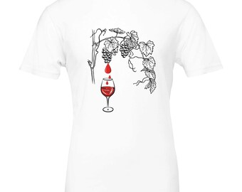 Wine T-Shirt Vine Black and White Illustration Grapes & Red Wine Design Wine Glass Shirt Gift for Wine Lovers and Winemakers