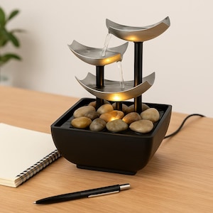 Zen LED Tabletop Fountain with Natural Stones – USB Waterfall for Relaxation & Home Décor