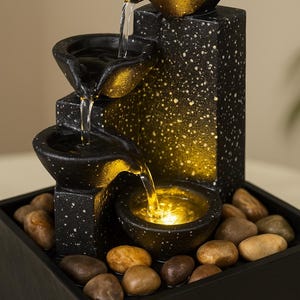 LED Indoor Zen Fountain – 3-Tier Tabletop Waterfall with Natural Pebbles