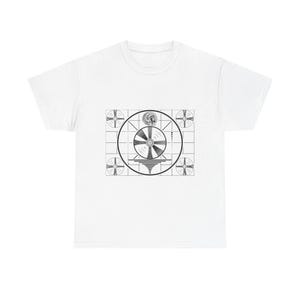 May include: White t-shirt featuring a black and white television test pattern graphic. The graphic includes circles, lines, and a central fan-like design. A classic and retro design.