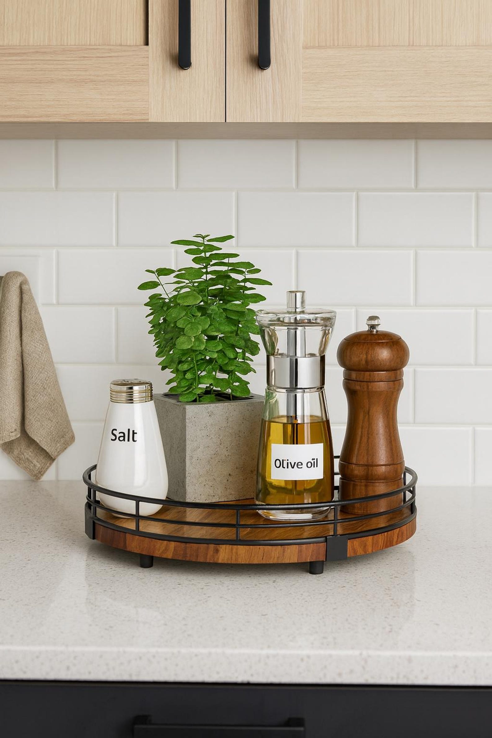 Farmhouse Oak 9" Lazy Susan Turntable Organizer for Cabinet, Round Wooden Lazy Susan Organization and Storage for Dining Table, Pantry