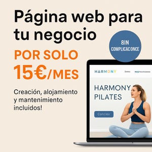 Puede incluir: Una laptop muestra un sitio web de "HARMONY PILATES" con una mujer en ropa deportiva. El fondo es de color beige claro. El texto en español dice "Página web para tu negocio" y "POR SOLO 15€/MES".