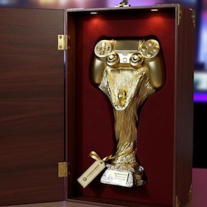 Pode incluir: Um troféu dourado em forma de controle de videogame, apresentado em uma caixa de madeira com interior de veludo vermelho. O troféu tem uma base texturizada e uma etiqueta presa com uma fita.