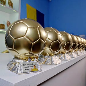 Golden Soccer Ball Trophy: Handmade Plaster Football Award, Coach Gift