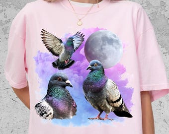Vintage Pigeon Moon T-shirt, Funny Bird Tee for Bird Watching Lovers, Oversized Retro Graphic Tee