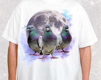Three Pigeon Retro Tee | Silly Gift for Bird Lovers | Vintage Oversized Washed T-shirt