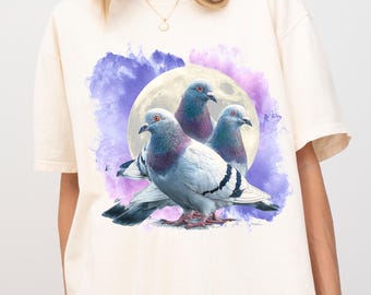 Humorous Pigeon Lovers Tee | Vintage Graphic T-shirt with Moon Design | Oversized Gift Tee