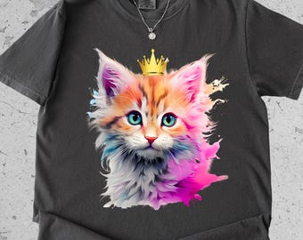 Comfort Colors® Royal Kitten Shirt, Cute Watercolor Cat with Crown Tee, Colorful Artistic Pet Lover T-Shirt, Bright Aesthetic Cat GraphicTop