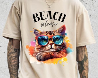 Comfort Colors® Beach Please Cat Shirt, Funny Summer Sunglasses Kitty Tee, Cute Vacation Graphic T-Shirt, Tropical Beach Vibes Top