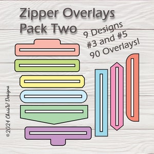 Pode incluir: Um conjunto de 9 designs de sobreposição de zíper para projetos de artesanato. Os designs incluem uma variedade de formas e cores, incluindo rosa, azul, verde, amarelo e branco. O texto na imagem diz "Zipper Overlays Pack Two 9 Designs #3 and #5 90 Overlays!"