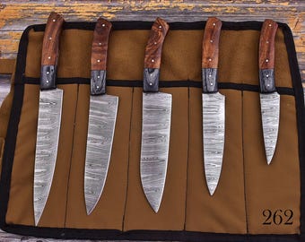 Handmade Damascus Chef Knife Set, Pakka Wood Handle, Leather Sheath