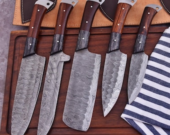 Handmade Damascus Steel Chef Knife Set: Walnut Handles, 5-Piece Kitchen Knives